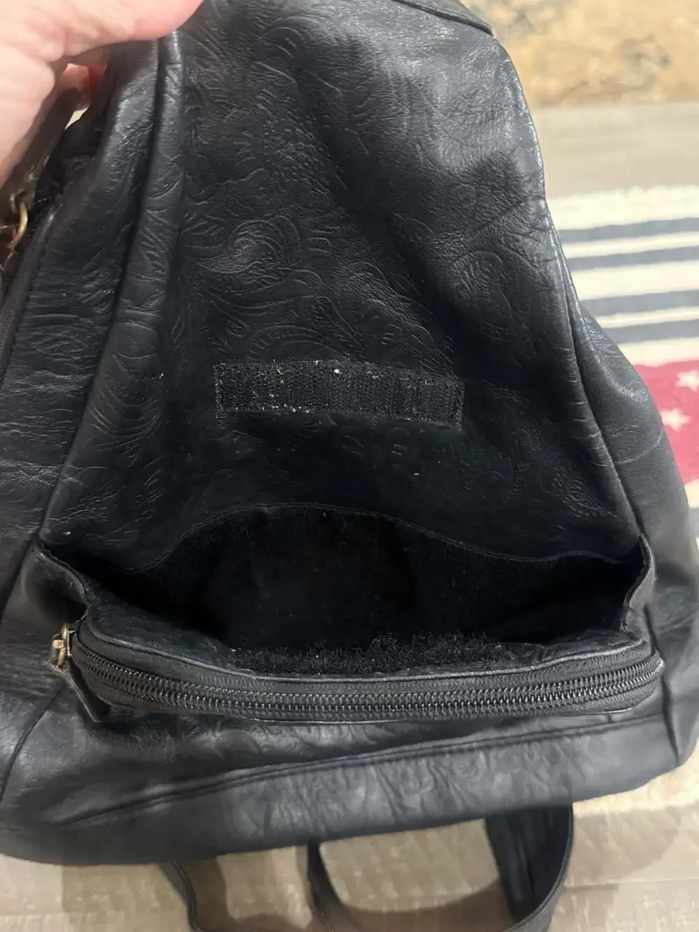 Great American Leather Works Black Leather Sling Backpack Embossed Floral Bag